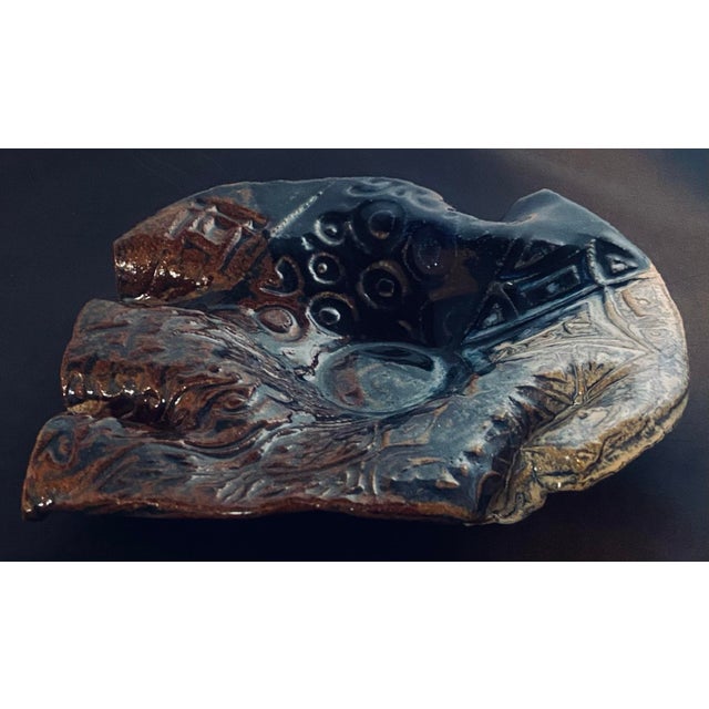 Ceramic Decorative Handmade Slump / Handkerchief / Dump Ceramic Bowl Brown Blue & White For Sale - Image 7 of 10