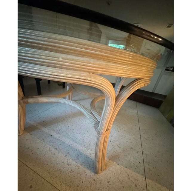 Vintage 1970s Pencil Reed Rattan Dining Table With 54” Glass Top For Sale - Image 4 of 7
