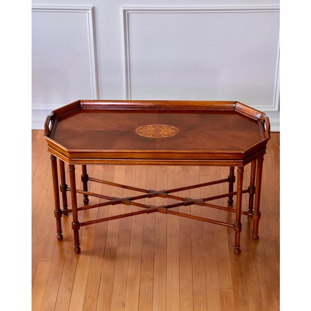 Drexel Heritage Late 20th Century George III Style Mahogany Fixed Tray Top Cocktail Table With Inlay by Drexel For Sale - Image 4 of 12