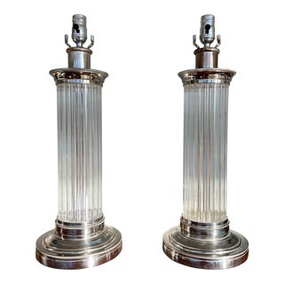 Pair, Vintage Ralph Lauren Style Silverplated, Glass & Chrome Table Lamps For Sale