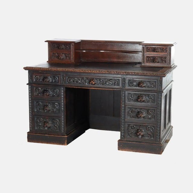 Antique RJ Horner Carved Oak Kneehole Desk With Figural Carved Pulls C1900 Measures - 38 1/2" x 54 1/4" x 28 3/4" An...