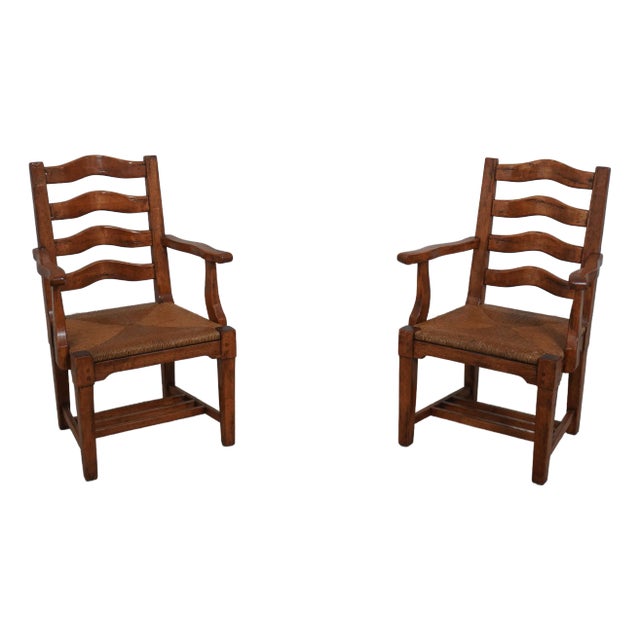 Pair Guy Chaddock Distressed Ladderback Armchairs For Sale
