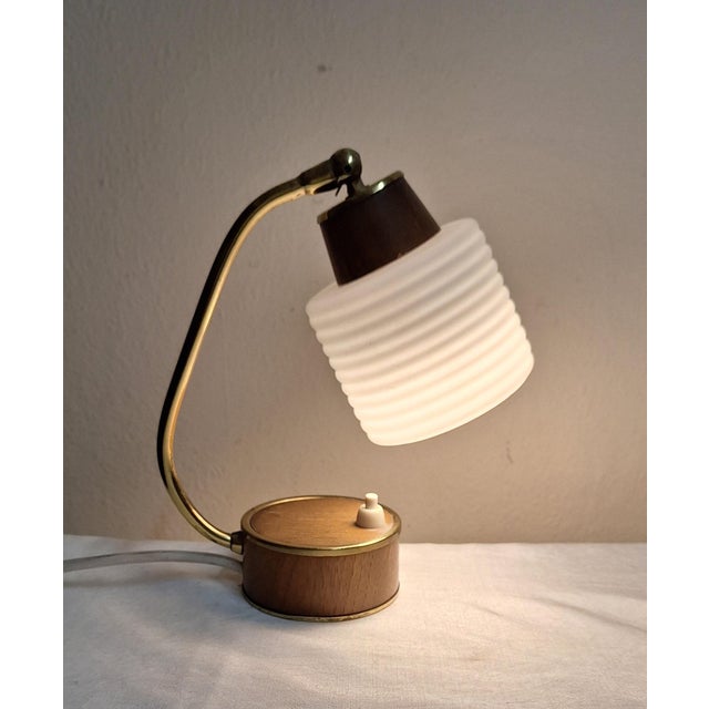 Vintage Bedside Lamp with Brass Frame with Teak Veneer and White Glass Shade, 1970s For Sale - Image 9 of 10