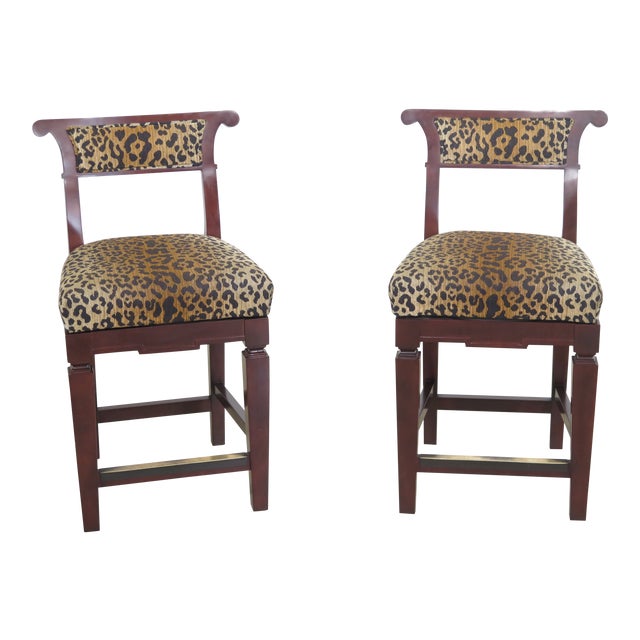 Hancock & Moore Leopard Print Counter Height Swivel Chairs a Pair