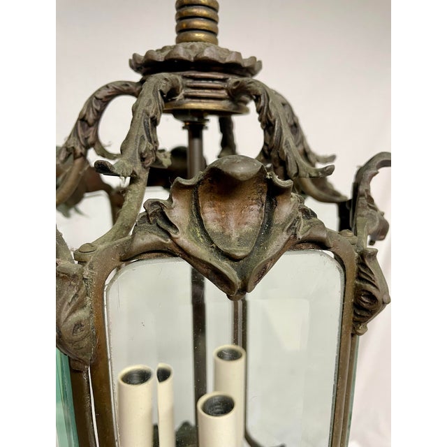 Antique Bronze And Brass Pendant With Six Hand Beveled Glass Panels. Looks to have used gas originally, it is converted to...