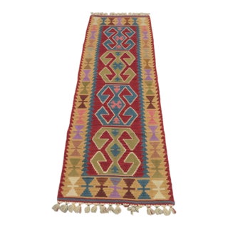 1970s Turkish Tribal Style Rams Horn Motif Oushak Kilim Runner Rug For Sale