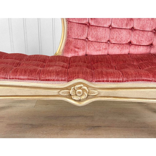 Blush Vintage French Louis XVI Pink Suede Tuft Window Bench Chaise Settee For Sale - Image 8 of 10