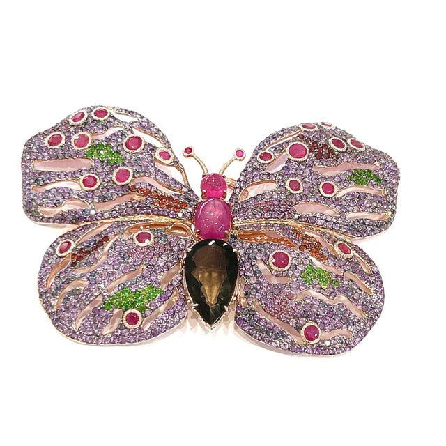 Bochic “Orient” Vintage Ruby & Multi Gem Butterfly Brooch Set 18K Gold & Silver For Sale - Image 11 of 15