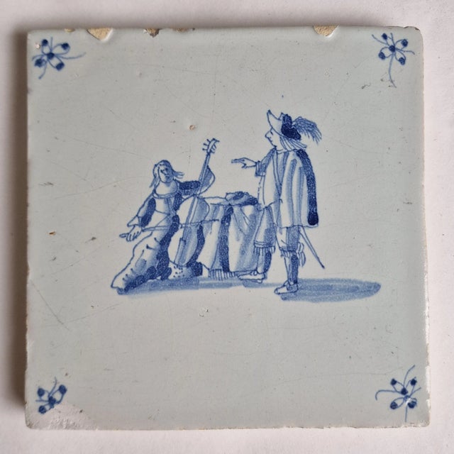 Dutch Delft Tile with Bass Player by Pytter Grauda, Harlingen, Friesland, 1630 For Sale - Image 3 of 8