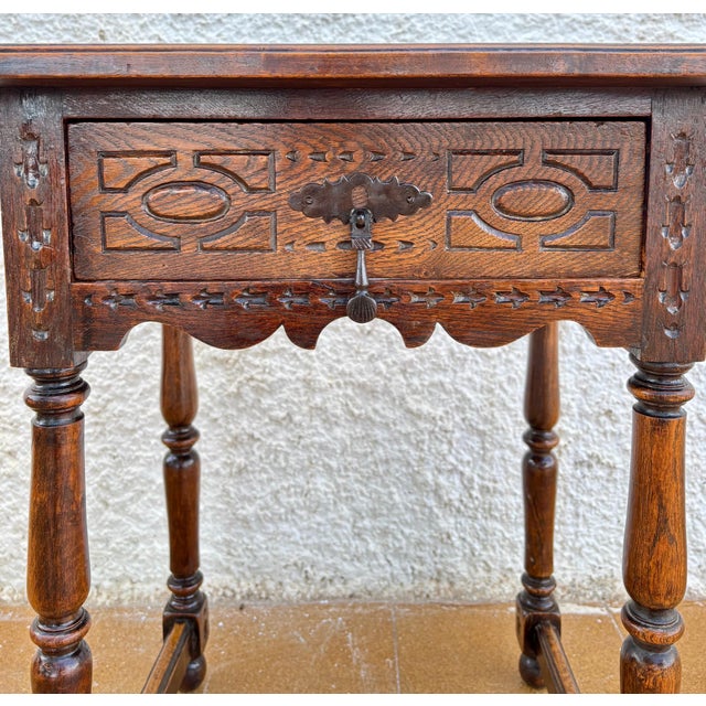 Brown Antique Castilian Oak Side Table With One Carved Drawer, 1920s For Sale - Image 8 of 15