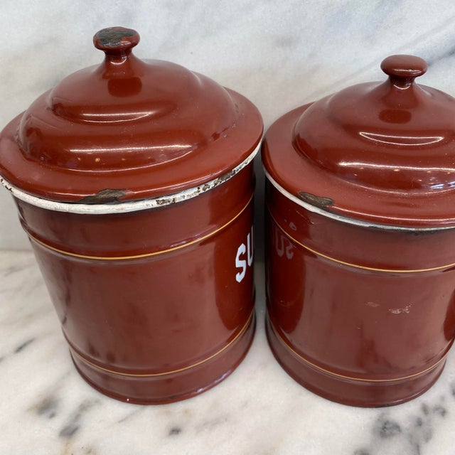 Set of Five French Reddish Brown Enamel Kitchen Canisters With Original Lids For Sale - Image 15 of 18
