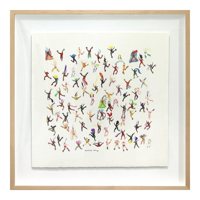 Dancing Queens - Original Framed Colorful Figurative Watercolor Painting on Paper For Sale