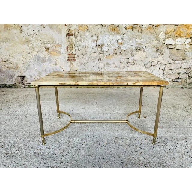 Gorgeous, vintage, mid-century, coffee / cocktail table with a multi-colored, marble and onyx tabletop, on a rectangular,...