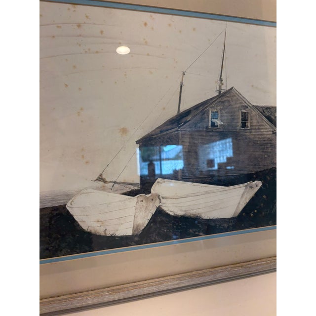 Rustic Vintage Andrew Wyeth the Sisters Framed Coastal Maine Dories Print Boat Art For Sale - Image 3 of 12