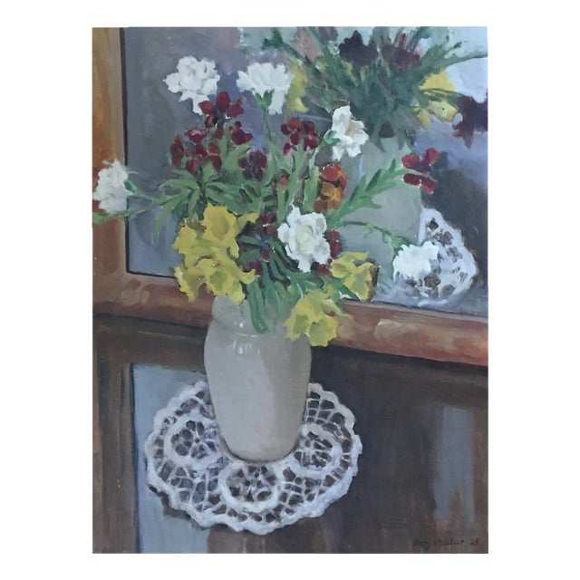 Benjamin II Vautier, Nature morte fleurs en vase au Napperon, 1925, Oil on Canvas For Sale