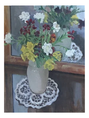 Benjamin II Vautier, Nature morte fleurs en vase au Napperon, 1925, Oil on Canvas