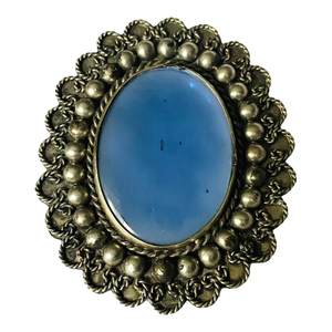 1960s Vintage Mexico Alpaca Silver Color Large Blue Oval Pendant Brooch