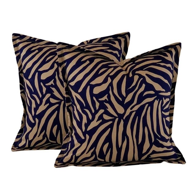 Textile Designer Vicki Payne Free Spirit Navy Blue & Taupe Brown Zebra Animal Print Pillow Covers- a Pair For Sale - Image 7 of 7