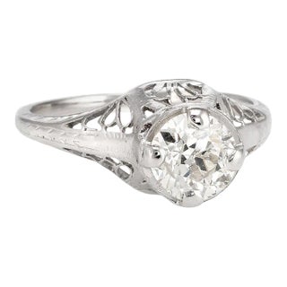 Antique Deco 1 Carat Diamond Engagement Ring 14 Karat Gold Filigree Fine Vintage size 5.75 For Sale