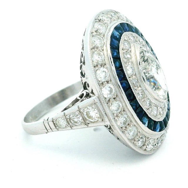 Art Deco Platinum Diamond and Calibré Sapphire Navette Ring, Circa 1920, Size 6 For Sale In Miami - Image 6 of 12