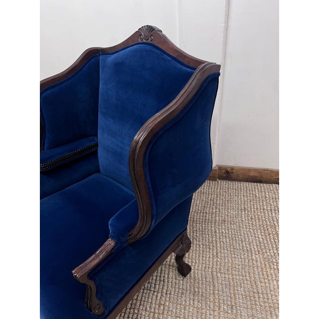 French Baroque or Regence Style Wingback in Blue Mohair with Bronze Details For Sale In Los Angeles - Image 6 of 10