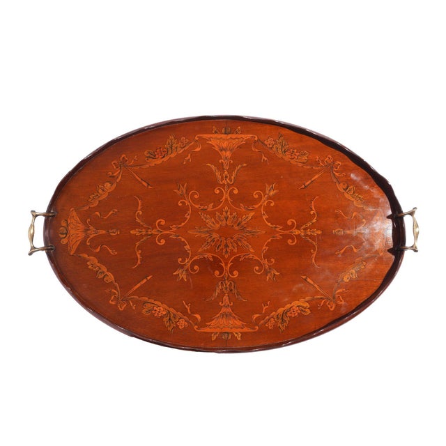 English Mahogany Oval Inlaid Serving Tray With Scalloped Gallery, C. 1800's For Sale - Image 10 of 15