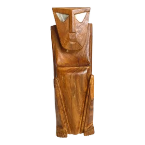 Vintage Hand Carved Wood Statue Palau Micronesia Squatting Figure Mother of Pearl Eyes Tiki Style