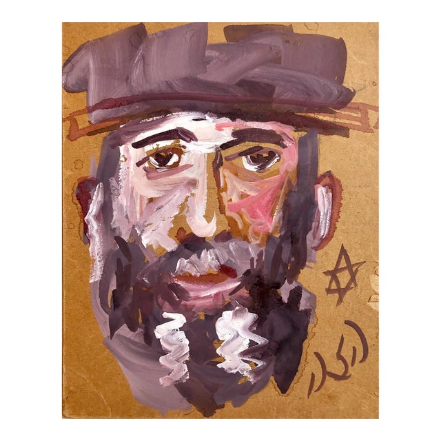 Outsider Folk Art Expressionist Rabbi Israeli Painting Signed Hebrew Jewish Star For Sale