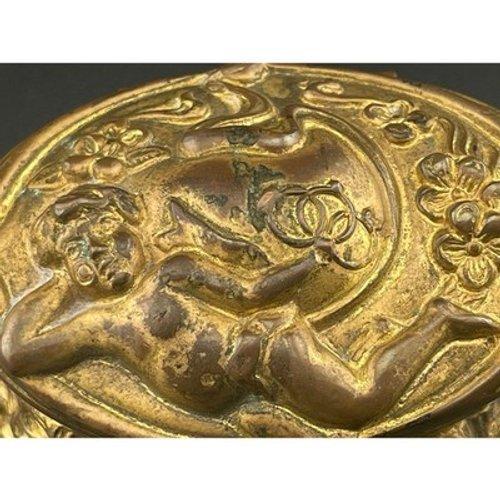 Antique Brass Cherub Jewelry Casket Footed Trinket Box Art Nouveau Figural Putti For Sale - Image 16 of 18