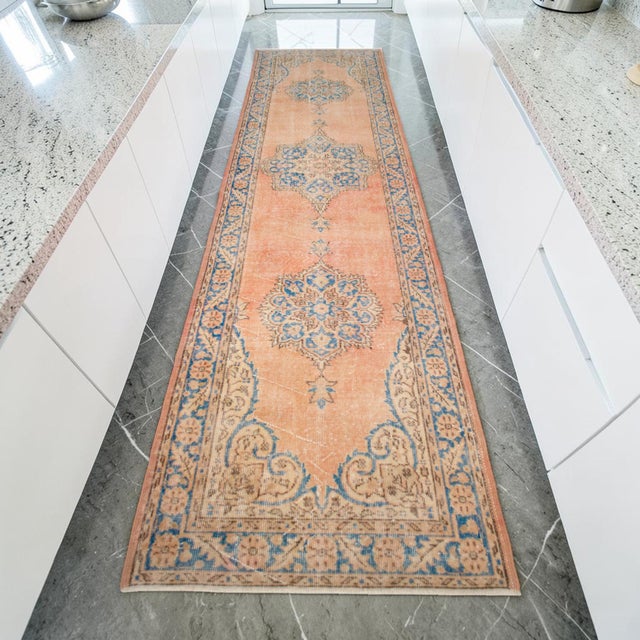 Farmhouse Traditional Ottoman Design Distressed Oushak Runner Rug Faded Colors Low Pile - 3'2″ X 12'2″ For Sale - Image 3 of 13