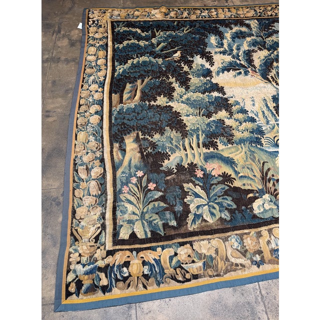 Blue 17th Century Flemish Verdure Tapestry Landscape With Woodland Scene, Circa 1600s For Sale - Image 8 of 9