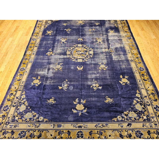 Textile 19th Century Chinese Peking Rug, Handwoven Wool, Indigo & Yellow, 10' x 14' For Sale - Image 7 of 15