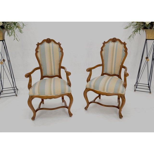 Rococo Pair Carved Striped Upholstery Tall Backs Carved Walnut Scallop Design Decorated For Sale - Image 3 of 17