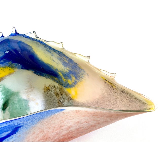 Royal Blue Vintage 1980's Post Modern Hand Blown Studio Art Glass Multicolor Abstract Sculptural Shell Large Centerpiece Bowl For Sale - Image 8 of 13