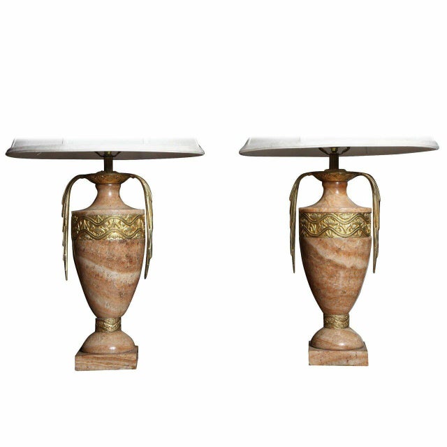 Art Deco Early 20th Century Sublime Neoclassic Art Deco Onyx Urn Table Lamps Gilt Bronze Decorative Motif Trim - a Pair- Much Reduced!! For Sale - Image 3 of 7