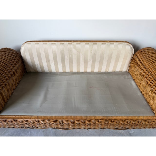 1970s Vintage Coastal Organic - Rattan Sofa With Rolled Arms & Striped Cushions For Sale - Image 14 of 18