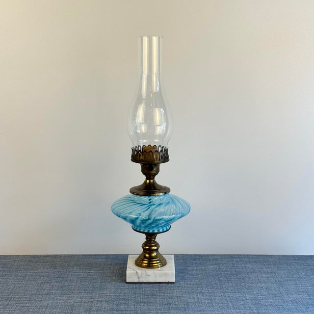 American 1960s Blue Swirl Glass Electrified Oil Lamp For Sale - Image 3 of 3