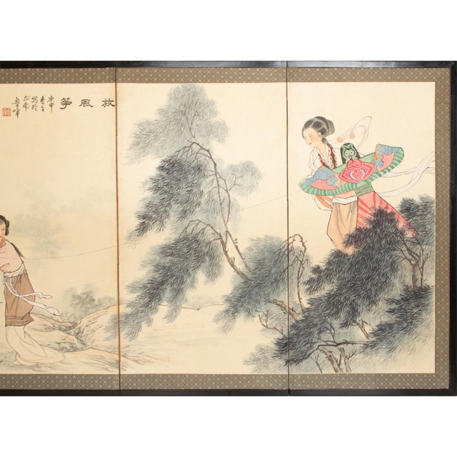 Chinoiserie C. 1970s Chinoiserie Painted Screen "Flying Kites" For Sale - Image 3 of 18