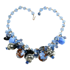 Vintage Blue Art Glass Beads Faux Pearls Dangles Rhinestones Necklace