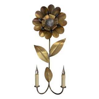 Mid-Century Modern Brass and Metal Flower-Shaped Twin Arm Sconce, France, 1950s For Sale