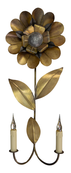 Mid-Century Modern Brass and Metal Flower-Shaped Twin Arm Sconce, France, 1950s
