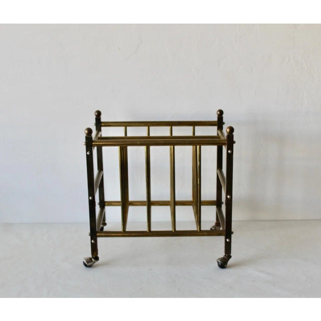 Mastercraft Hollywood Regency Brass Canterbury Book Magazine Rack Crate With Ball Castor Sphere Finials Detail Vintage For Sale - Image 4 of 10