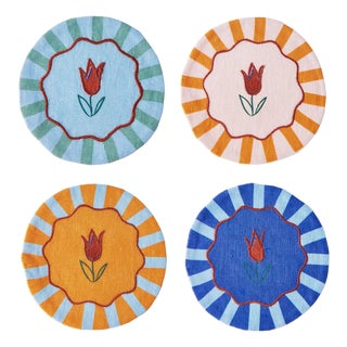 Jardin Striped Tulip Multicolor Embroidered Linen Coasters, Set of 4 For Sale