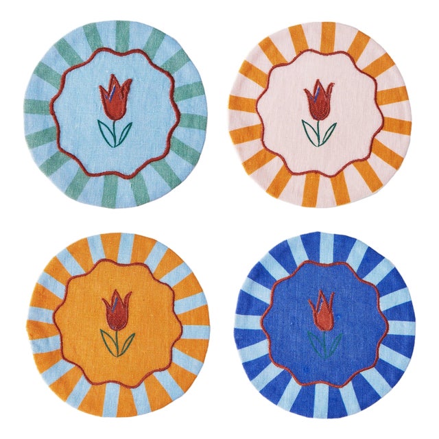 Jardin Striped Tulip Multicolor Embroidered Linen Coasters, Set of 4 For Sale