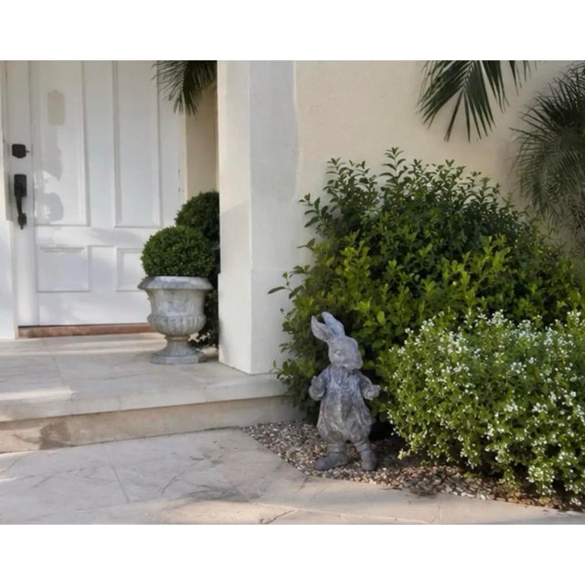 Vintage Whimsical Cast Iron Dapper Rabbit Garden Statue Holding a Pipe For Sale - Image 9 of 12
