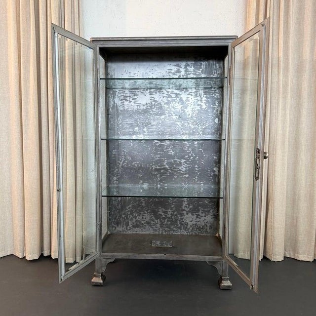 Gray Large Antique Double Door Brushed Steel Apothecary Vitrine Cabinet For Sale - Image 8 of 10
