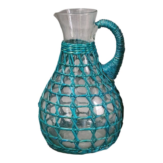 Vintage Wrapped Blue Sea Grass Glass Attached Handle Wine Decanter Pitcher For Sale