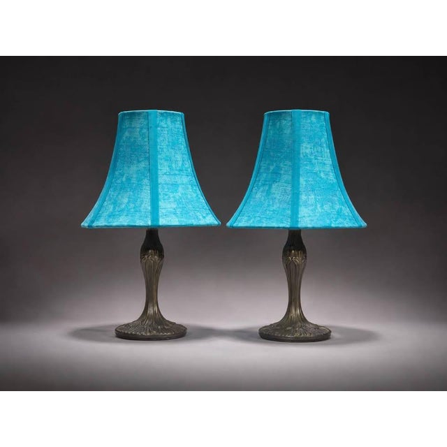 Art Nouveau Mid 20th Century Matching Pair of Blue Shade Table Lamps With Bronze Tone Bases For Sale - Image 3 of 6