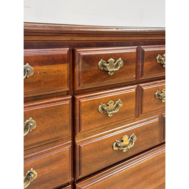 Wood Vintage Dresser American Drew Nine Drawer Lowboy Traditional Brass Hardware For Sale - Image 7 of 18