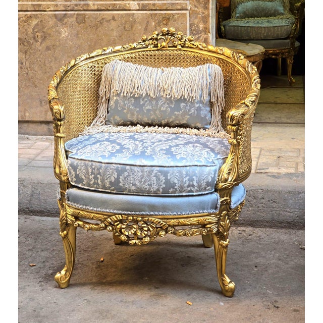 Baroque Baroque Style Sky Blue Damask Armchair – Gold Leaf Accent Chair With Pillow For Sale - Image 3 of 5